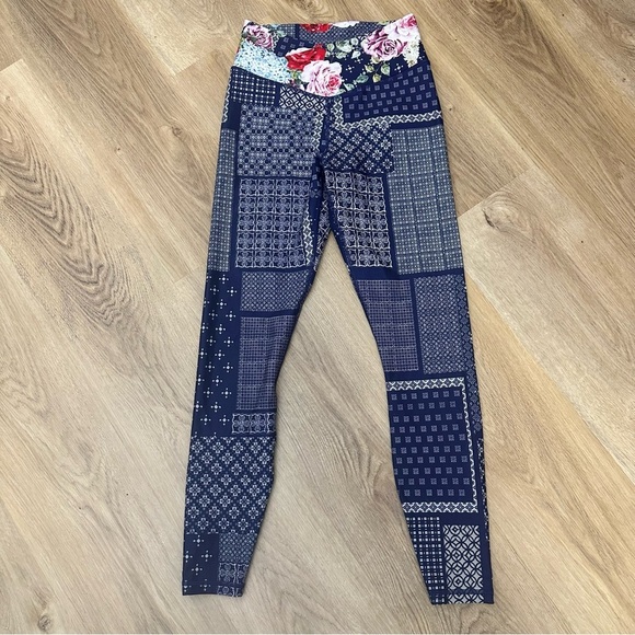 Johnny Was Blue Patchwork Leggings with Floral Waistband - Picture 1 of 8